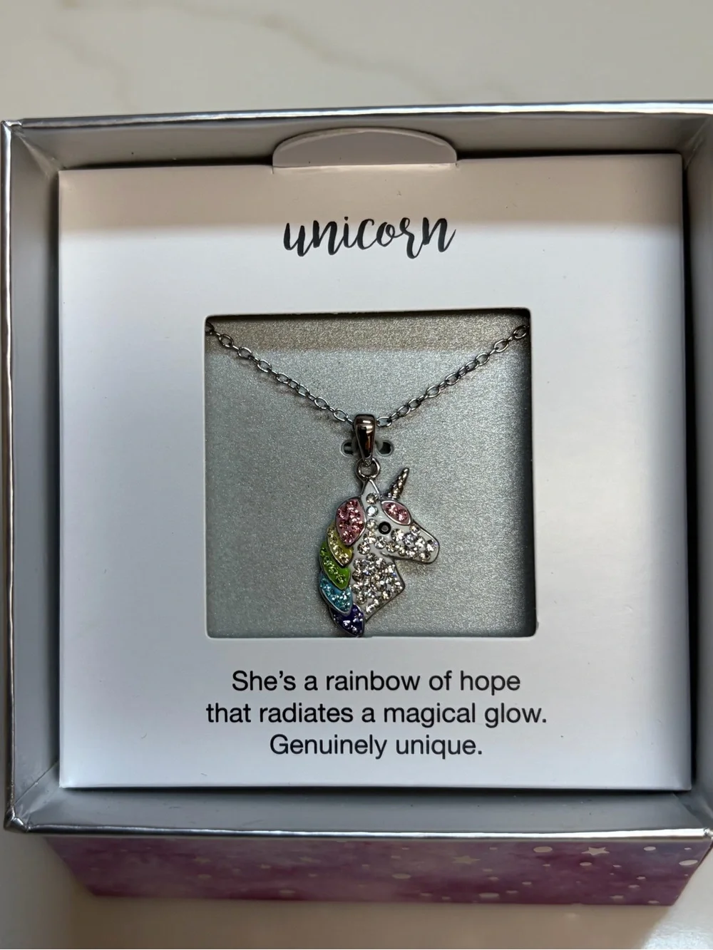 Rainbow Crystal Pendant Necklace - Silver with Multicolor Mane on 18” chain